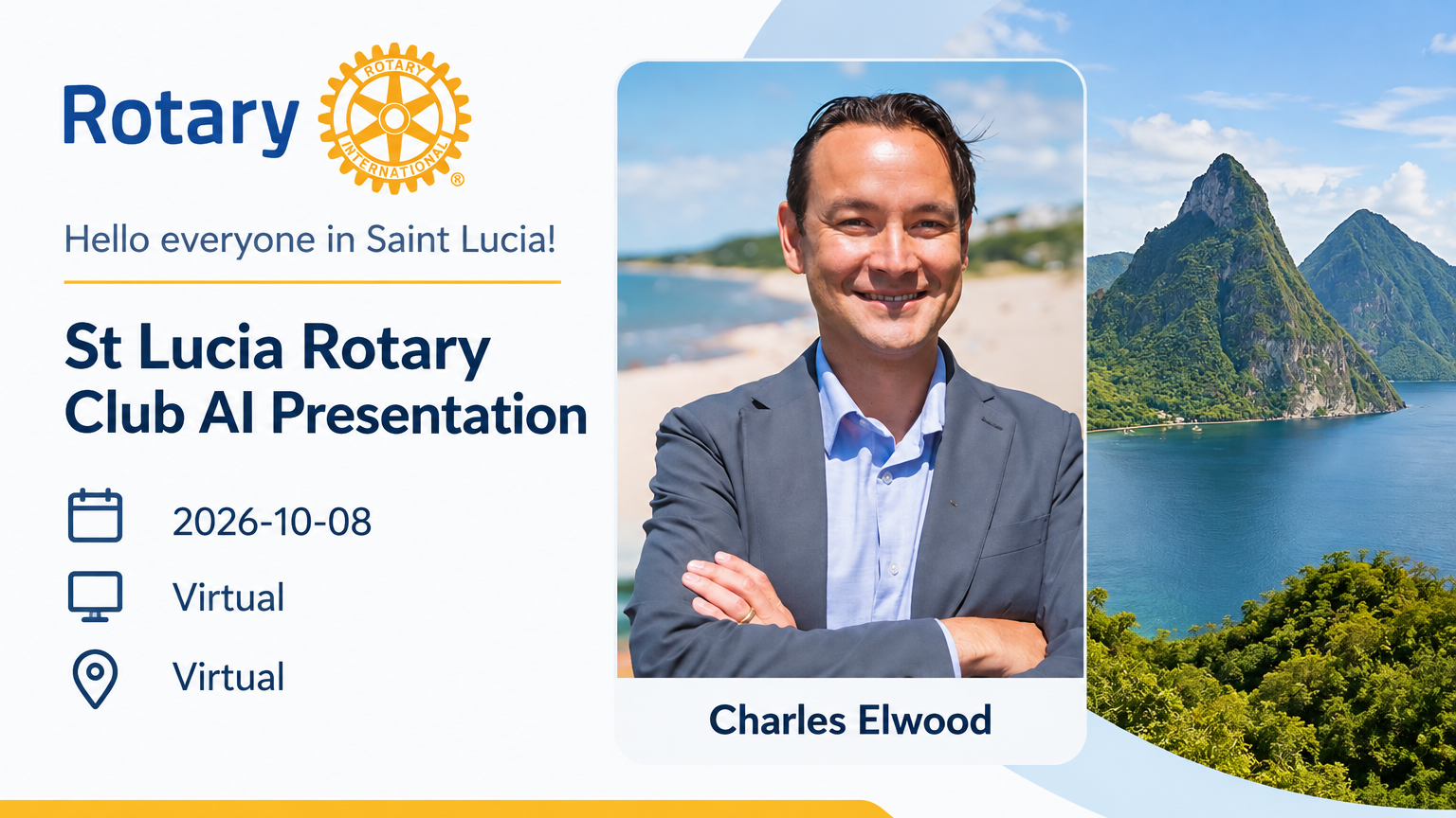 Event graphic for St Lucia Rotary Club AI Presentation, hosted by Rotary Club